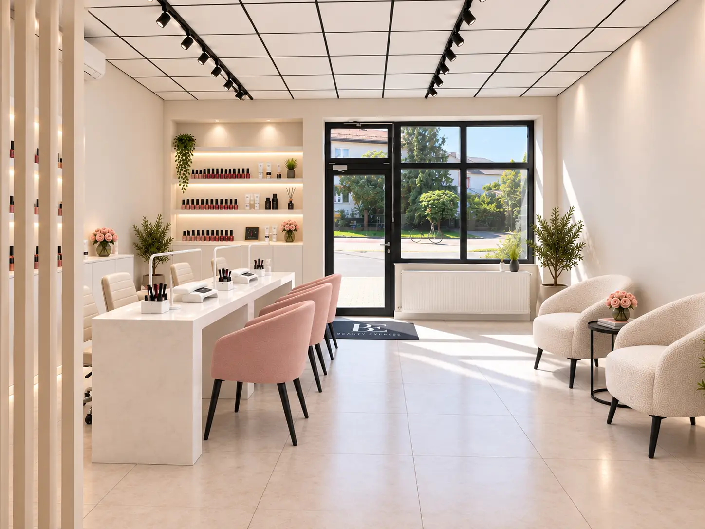 Nowoczesne wnętrze Beauty Express w Białogardzie ze stanowiskami do stylizacji paznokci