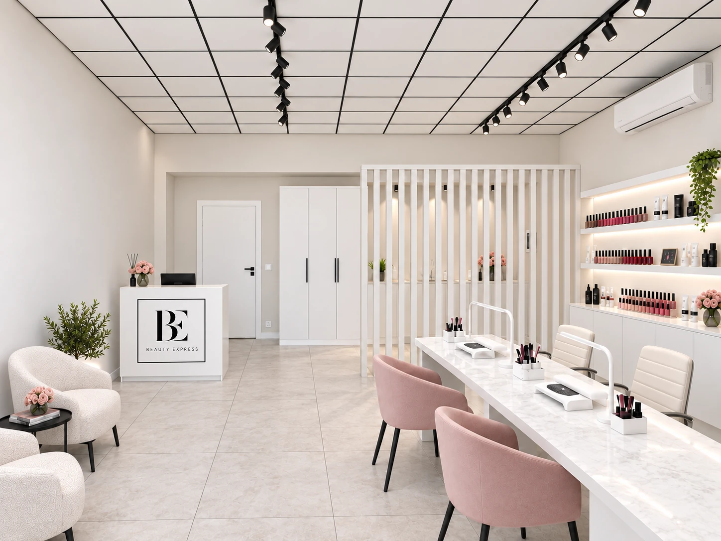 Oryginalne wnętrze Beauty Express ze stanowiskami manicure