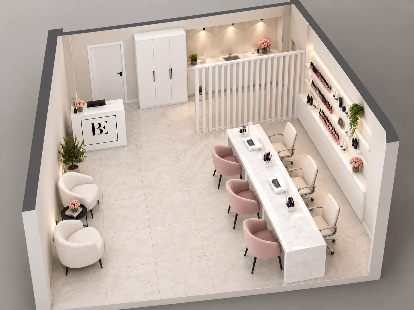 Widok z góry całego lokalu Beauty Express z trzema stanowiskami pracy