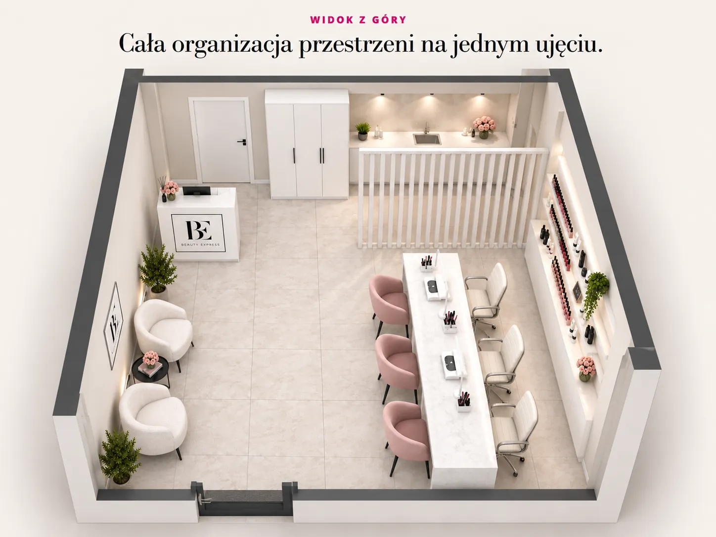 Widok z góry na trzy stanowiska, recepcję, poczekalnię i zaplecze Beauty Express