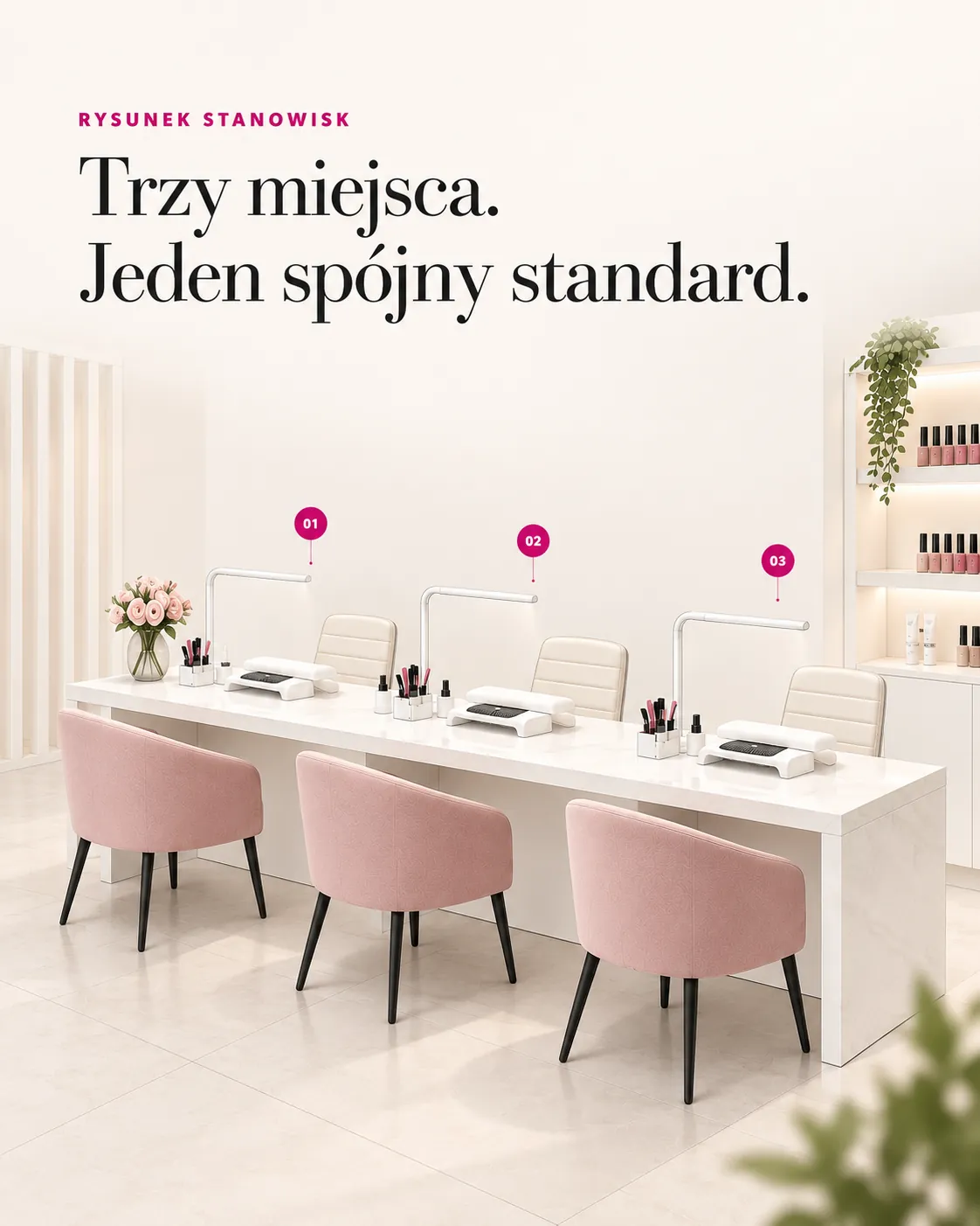 Trzy stanowiska pracy Beauty Express w jednym spójnym standardzie